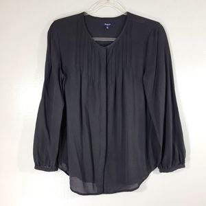 MADEWELL black 100% silk blouson sleeve pintuck flowy button front blouse